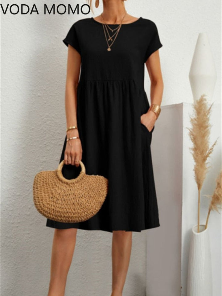 Women's Smocked Babydoll Fall Midi Dress Short Sleeve Pockets