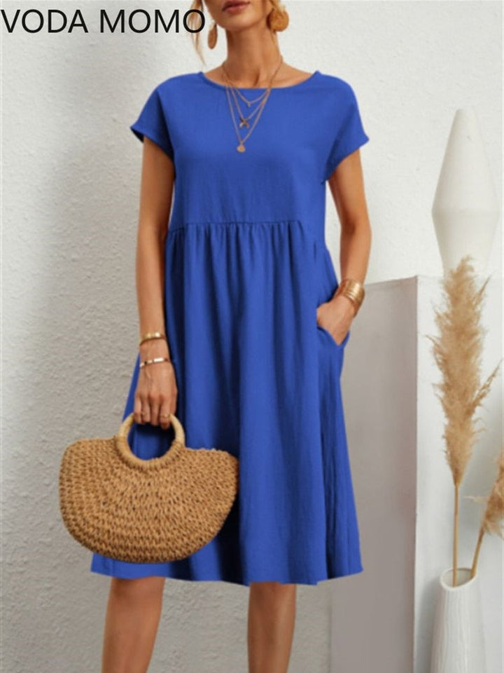 Women's Smocked Babydoll Fall Midi Dress Short Sleeve Pockets