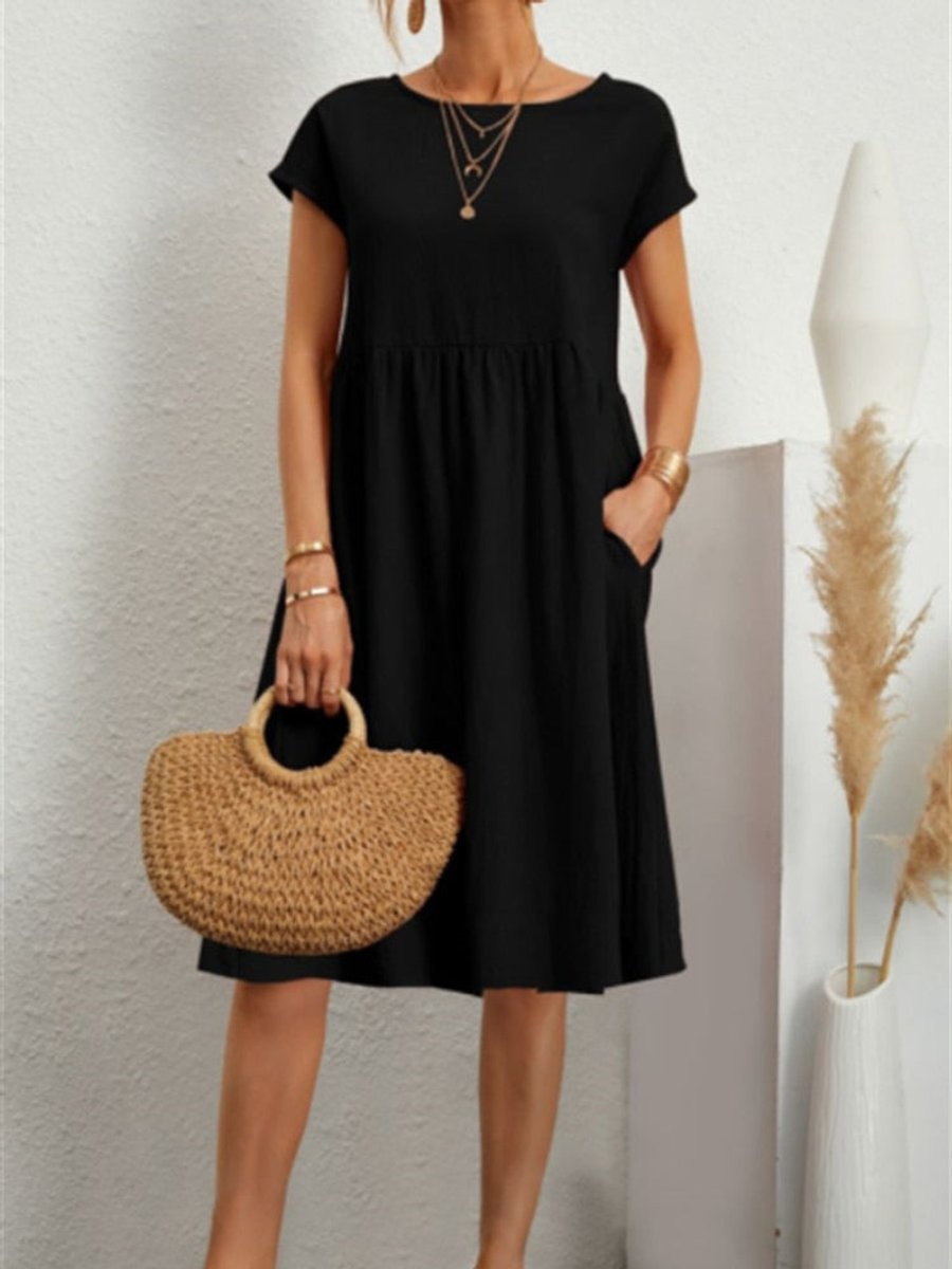Women's Smocked Babydoll Fall Midi Dress Short Sleeve Pockets