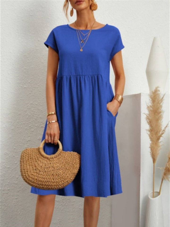 Women's Smocked Babydoll Fall Midi Dress Short Sleeve Pockets