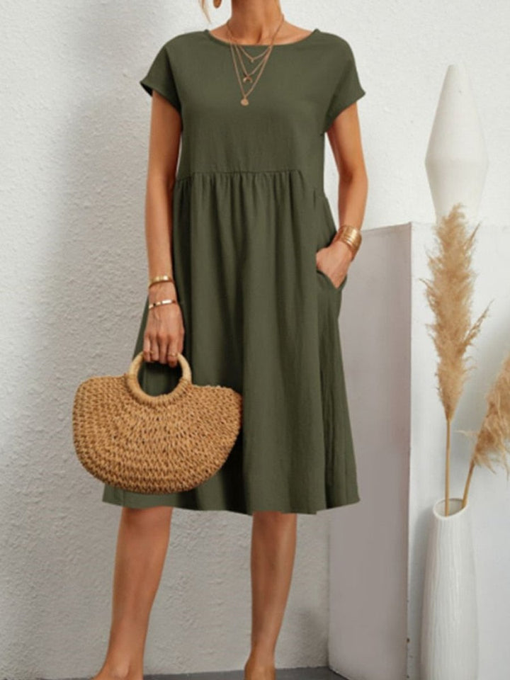Women's Smocked Babydoll Fall Midi Dress Short Sleeve Pockets