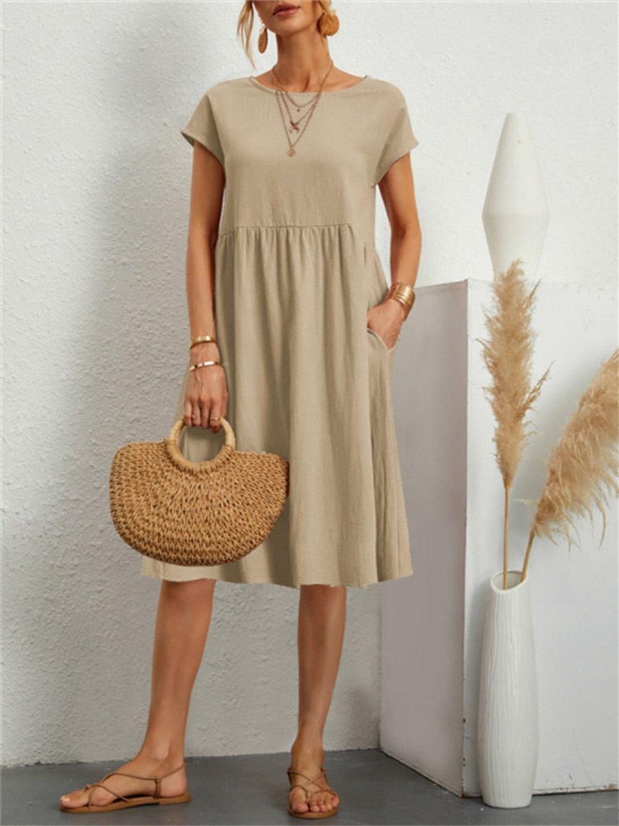 Women's Smocked Babydoll Fall Midi Dress Short Sleeve Pockets