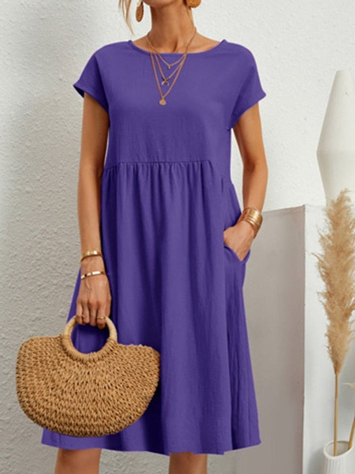 Women's Smocked Babydoll Fall Midi Dress Short Sleeve Pockets