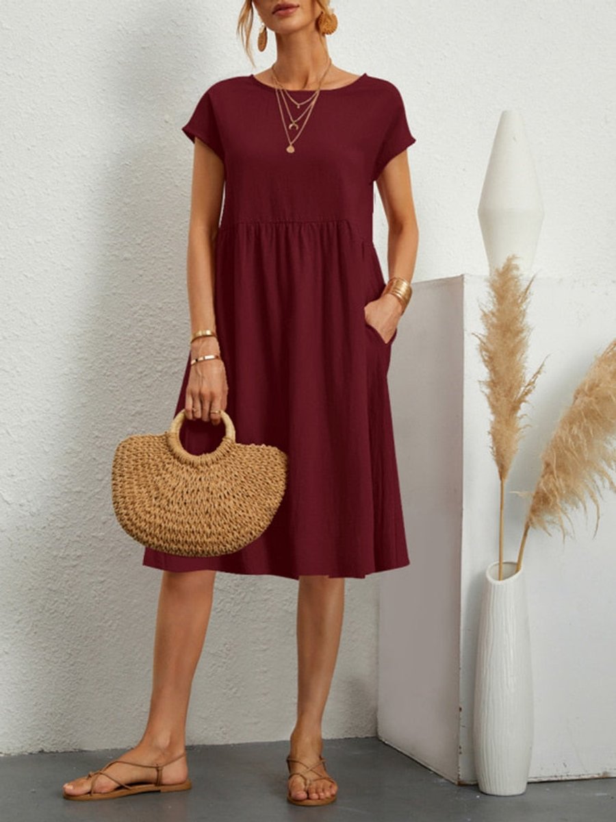 Women's Smocked Babydoll Fall Midi Dress Short Sleeve Pockets