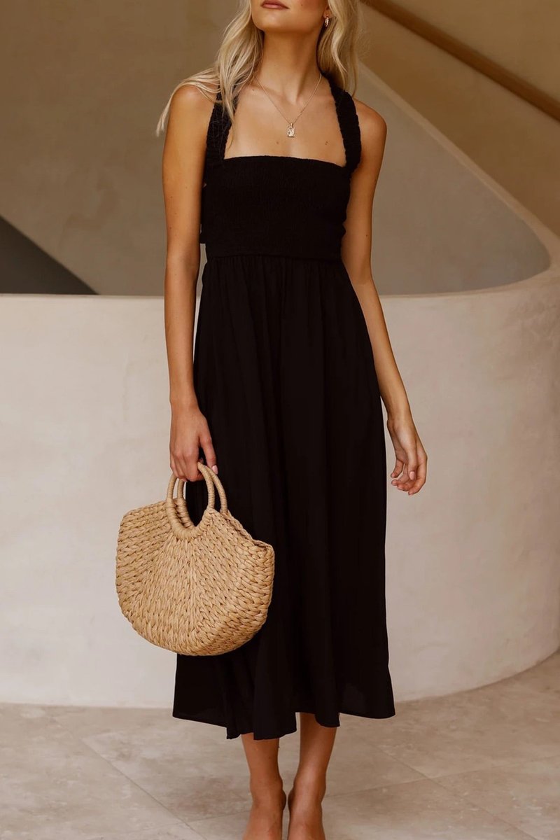 Women's Smocked Crisscross Tie-Back Fall Midi Dress