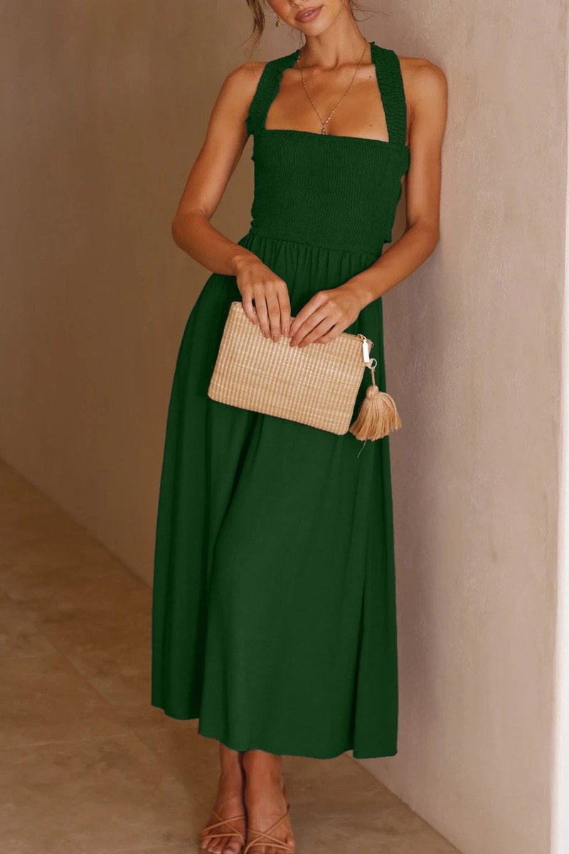 Women's Smocked Crisscross Tie-Back Fall Midi Dress