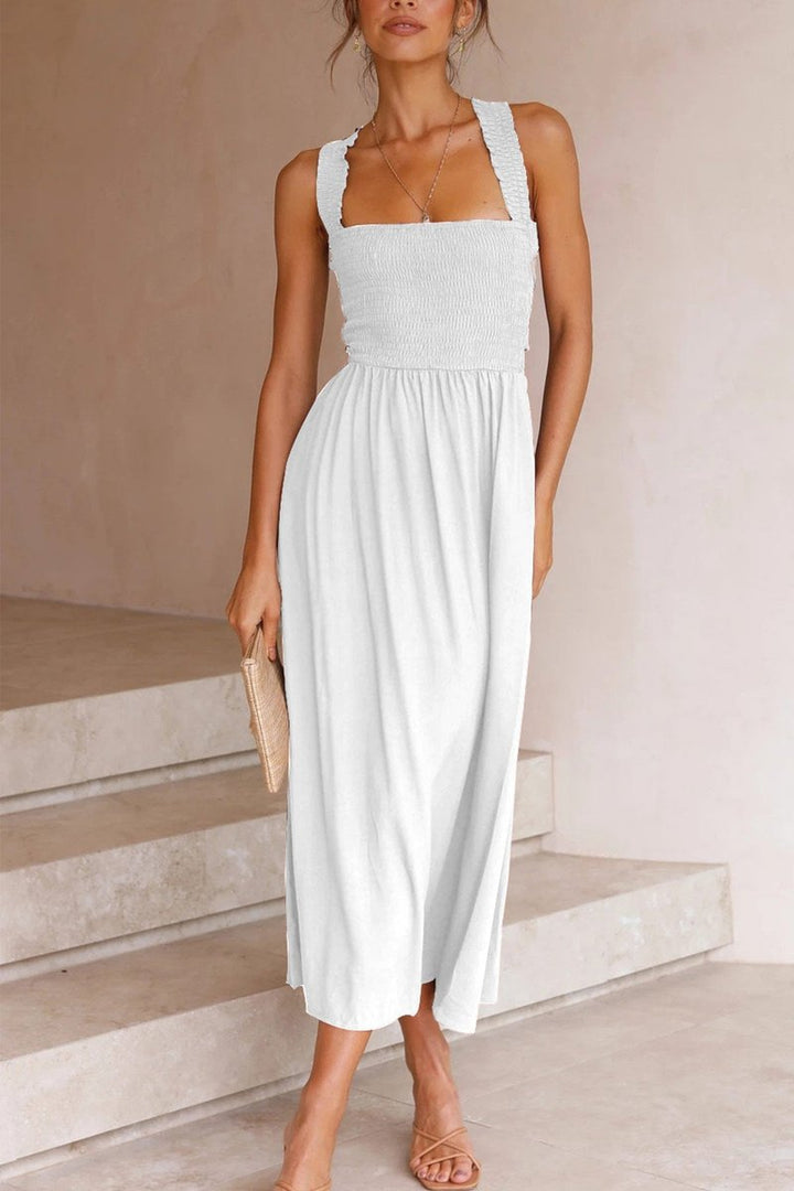 Women's Smocked Crisscross Tie-Back Fall Midi Dress