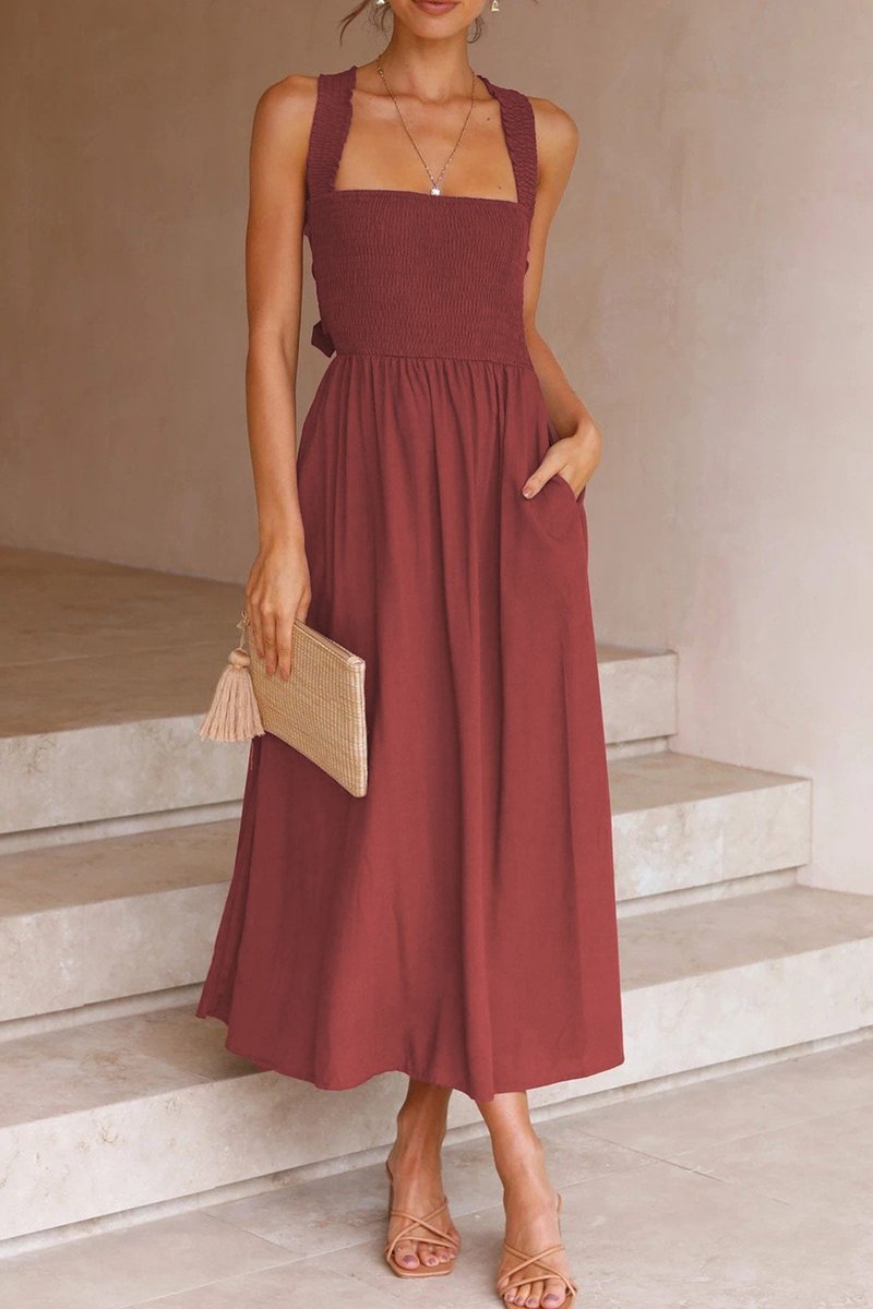 Women's Smocked Crisscross Tie-Back Fall Midi Dress
