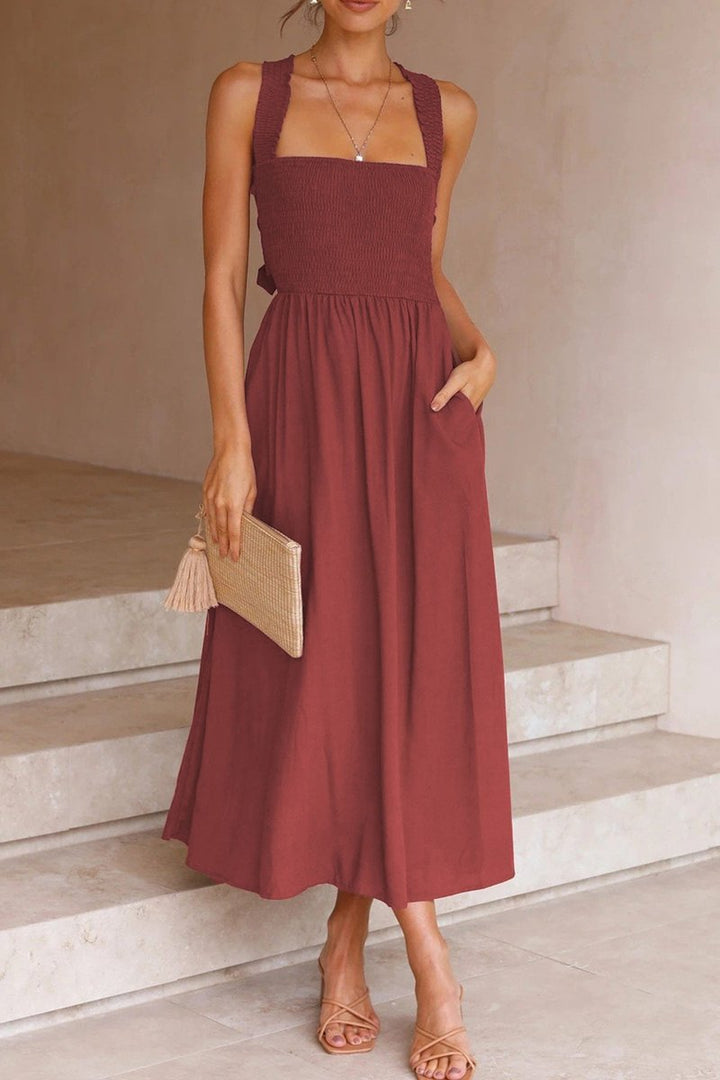 Women's Smocked Crisscross Tie-Back Fall Midi Dress