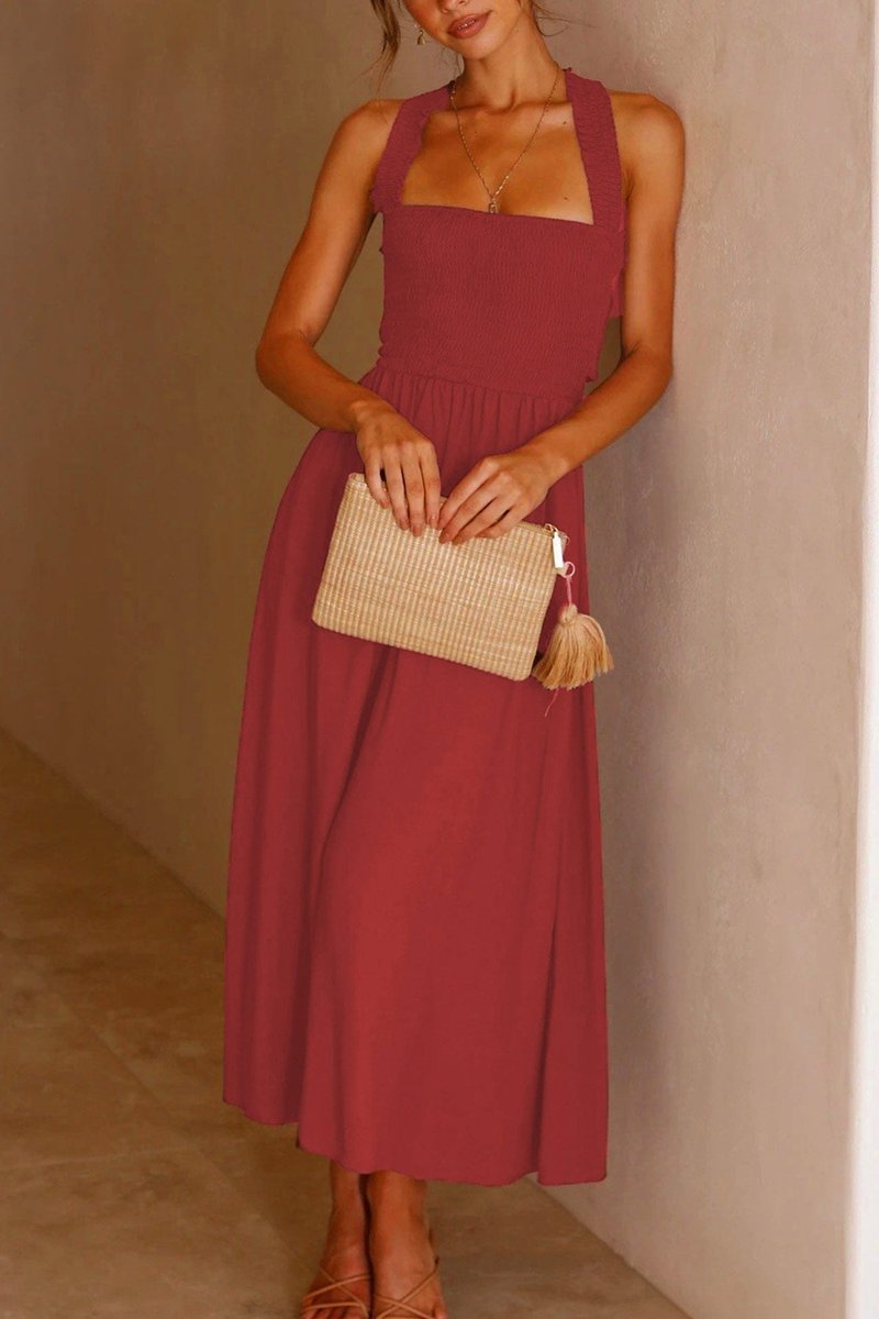 Women's Smocked Crisscross Tie-Back Fall Midi Dress