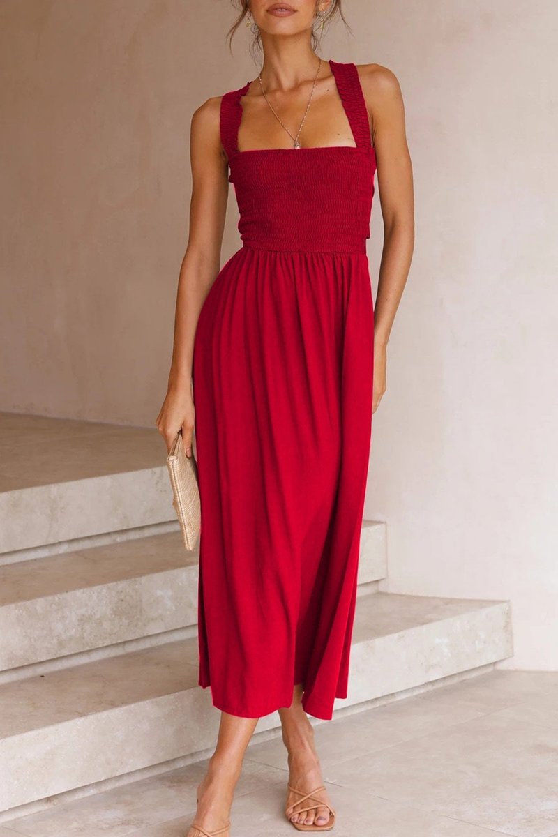 Women's Smocked Crisscross Tie-Back Fall Midi Dress