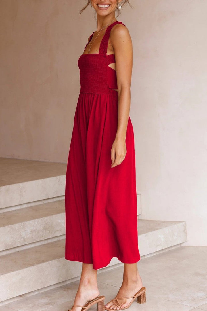 Women's Smocked Crisscross Tie-Back Fall Midi Dress