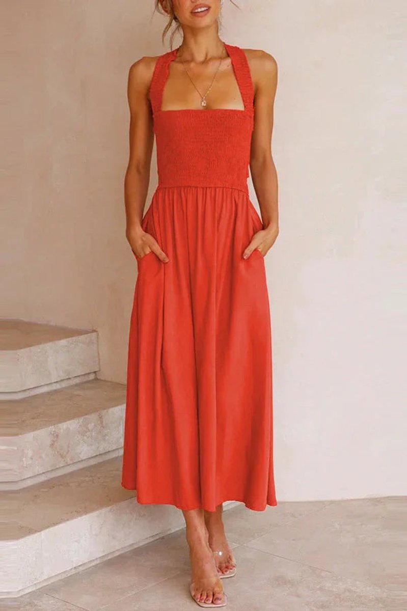 Women's Smocked Halter Fall Midi Dress Pockets Crossed Back
