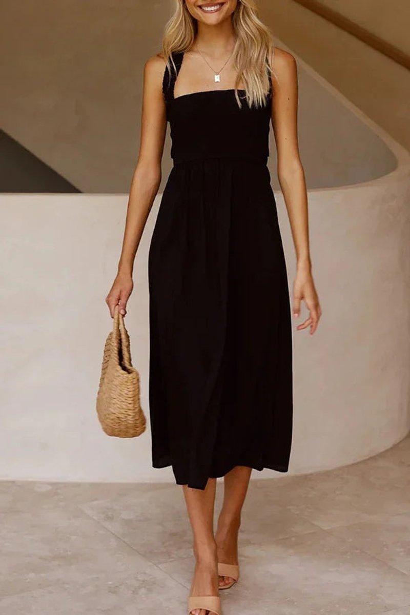 Women's Smocked Halter Fall Midi Dress Pockets Crossed Back