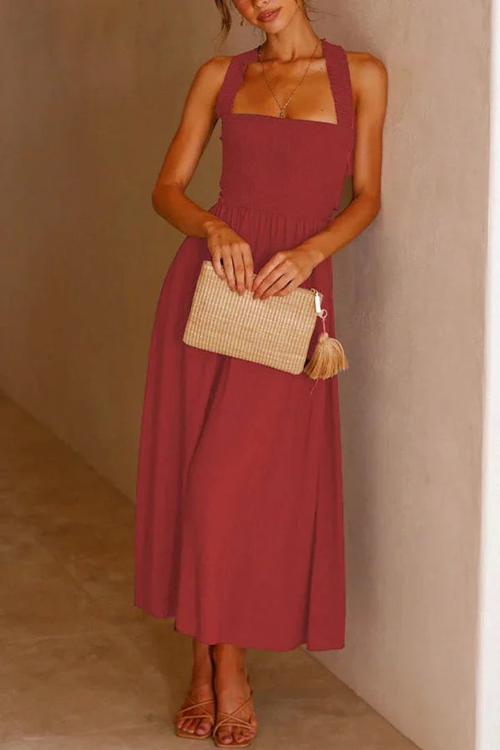 Women's Smocked Halter Fall Midi Dress Pockets Crossed Back