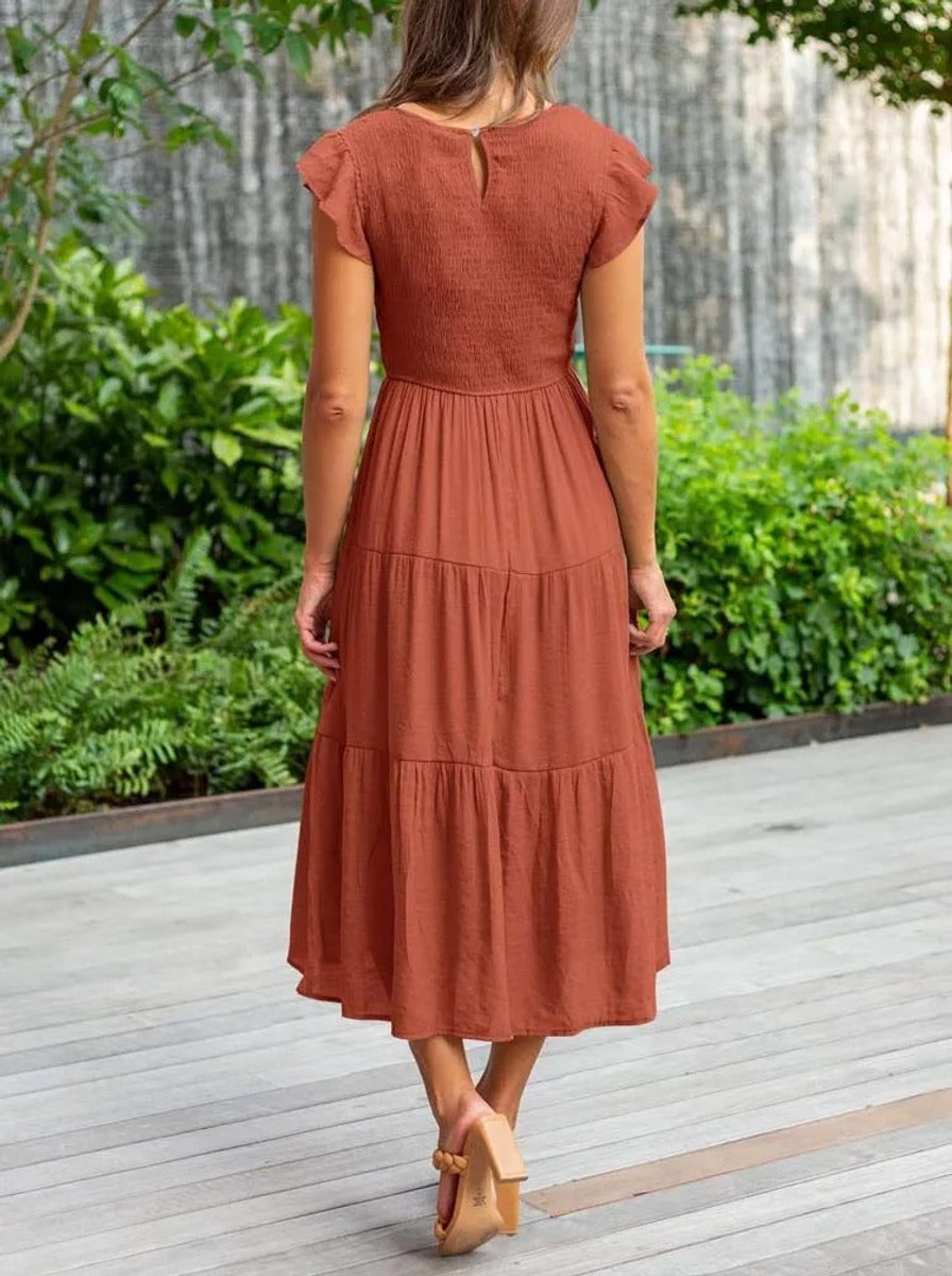 Women's Smocked Ruffle-Sleeve Tiered A-Line Fall Midi Dress