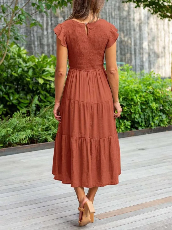 Women's Smocked Ruffle-Sleeve Tiered A-Line Fall Midi Dress