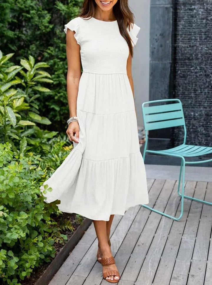 Women's Smocked Ruffle-Sleeve Tiered A-Line Fall Midi Dress