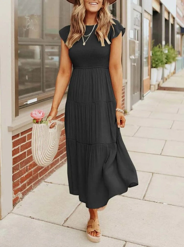 Women's Smocked Ruffle-Sleeve Tiered A-Line Fall Midi Dress