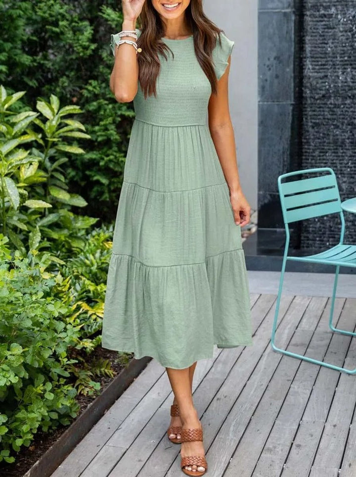 Women's Smocked Ruffle-Sleeve Tiered A-Line Fall Midi Dress