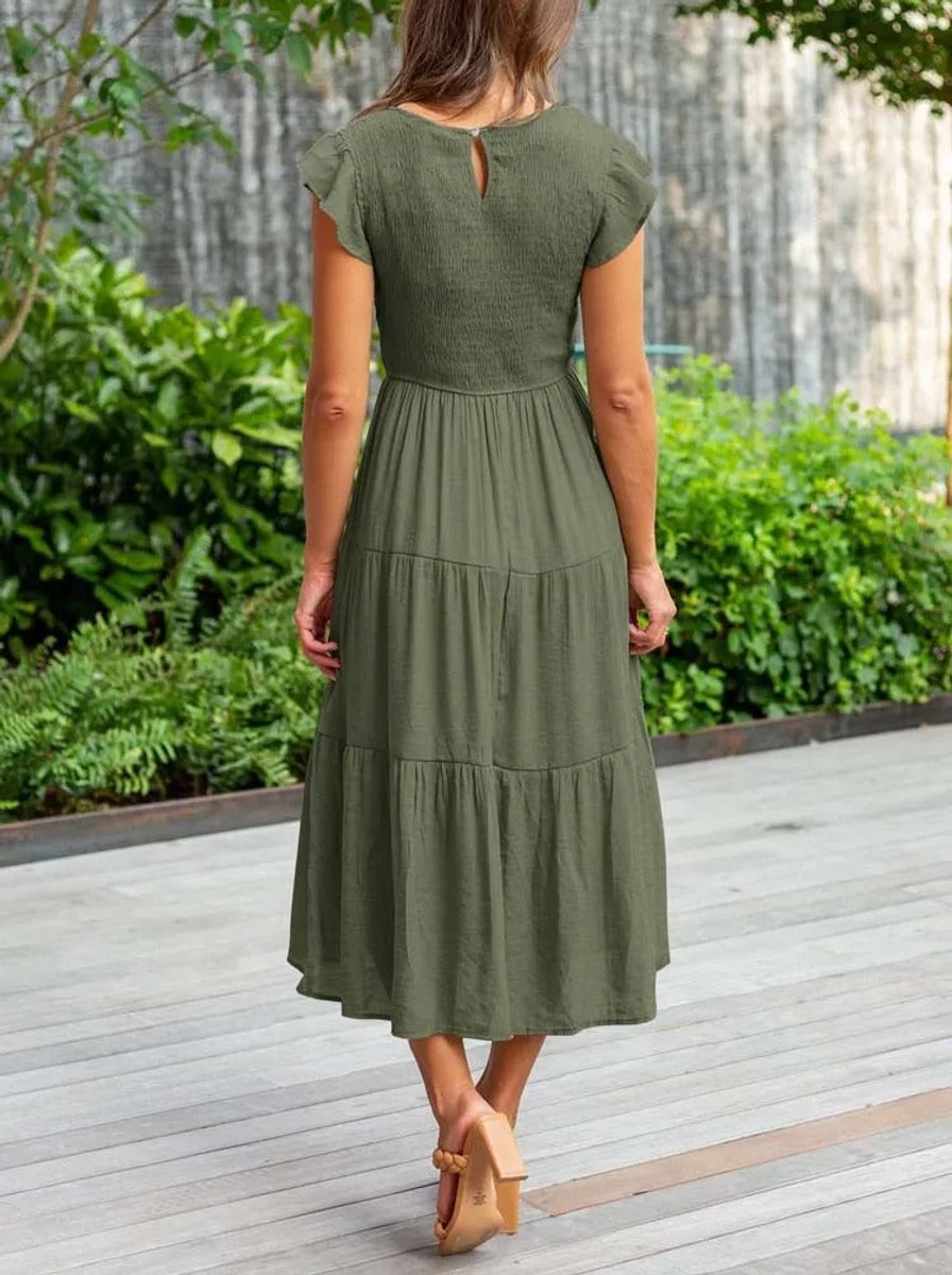 Women's Smocked Ruffle-Sleeve Tiered A-Line Fall Midi Dress