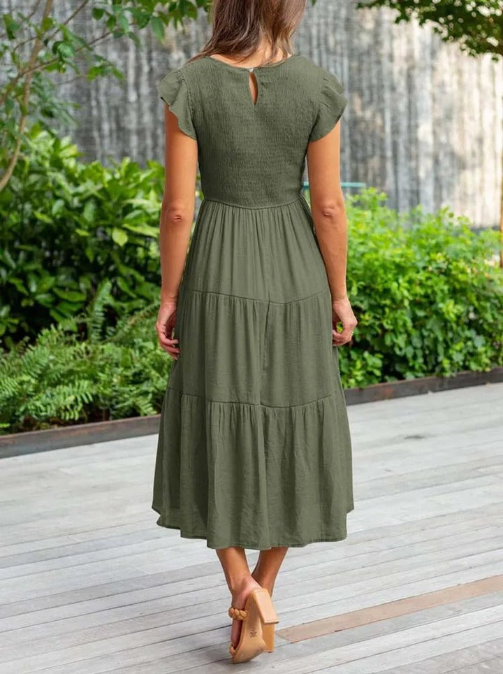 Women's Smocked Ruffle-Sleeve Tiered A-Line Fall Midi Dress