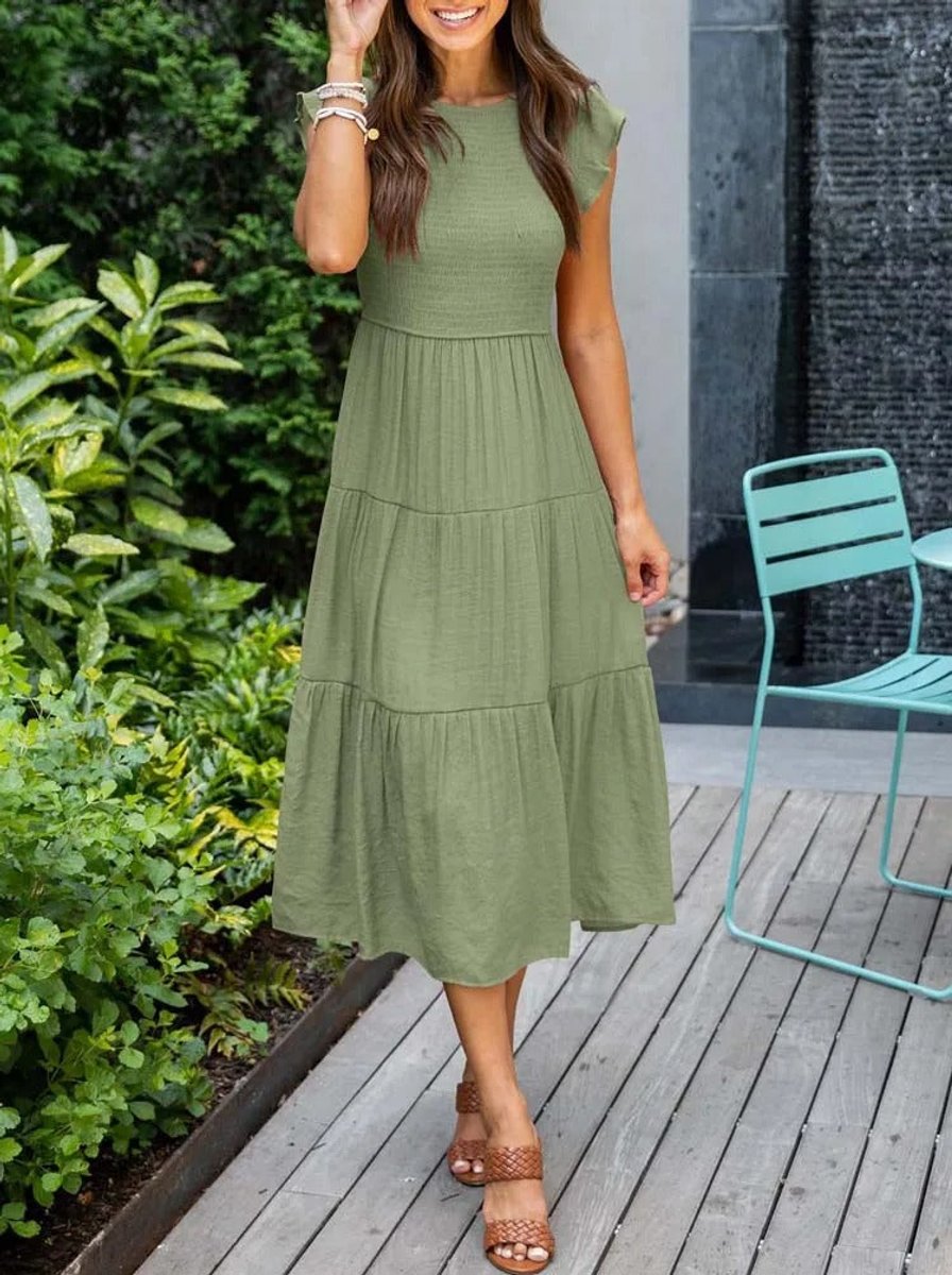 Women's Smocked Ruffle-Sleeve Tiered A-Line Fall Midi Dress
