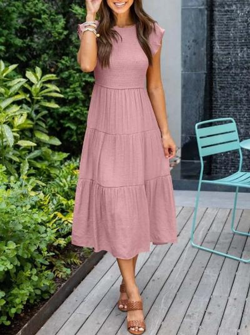 Women's Smocked Ruffle-Sleeve Tiered A-Line Fall Midi Dress