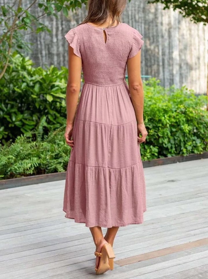 Women's Smocked Ruffle-Sleeve Tiered A-Line Fall Midi Dress