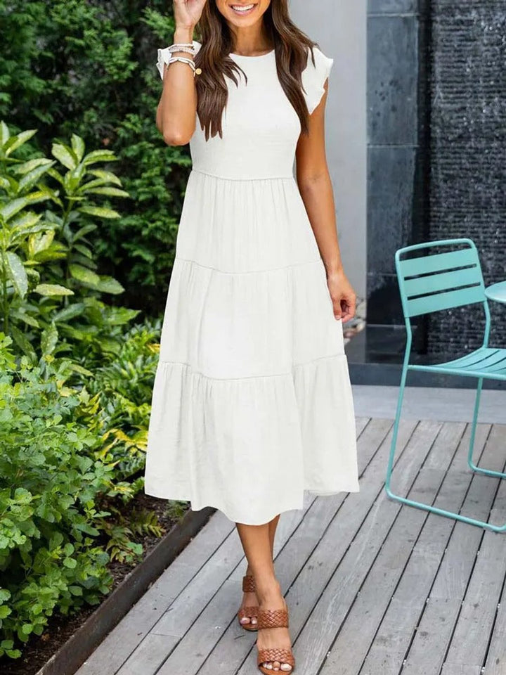 Women's Smocked Ruffle-Sleeve Tiered A-Line Fall Midi Dress