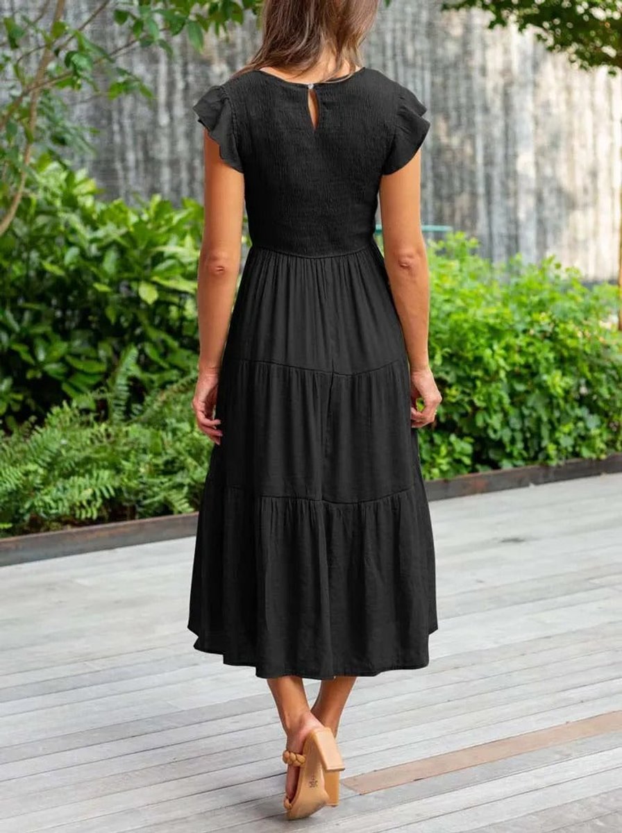 Women's Smocked Ruffle-Sleeve Tiered A-Line Fall Midi Dress