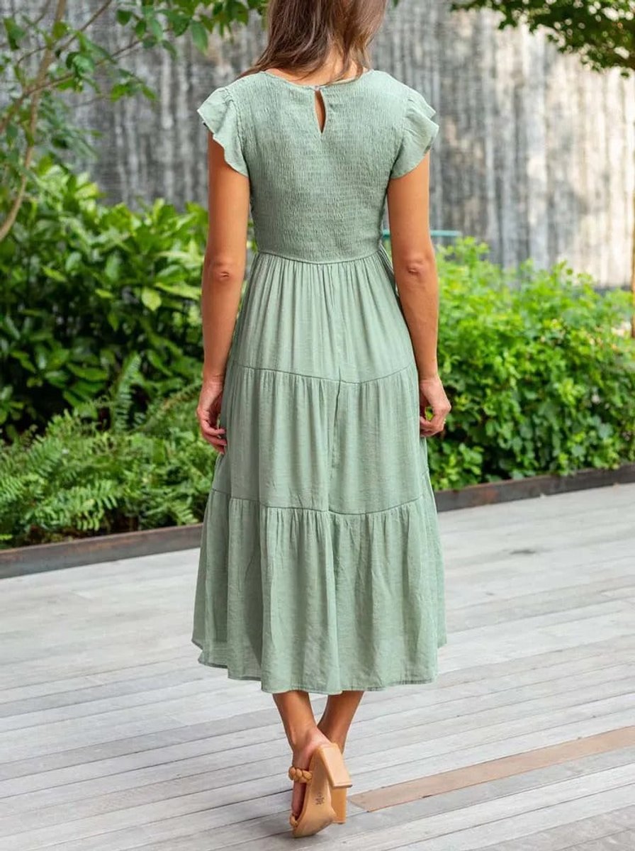 Women's Smocked Ruffle-Sleeve Tiered A-Line Fall Midi Dress
