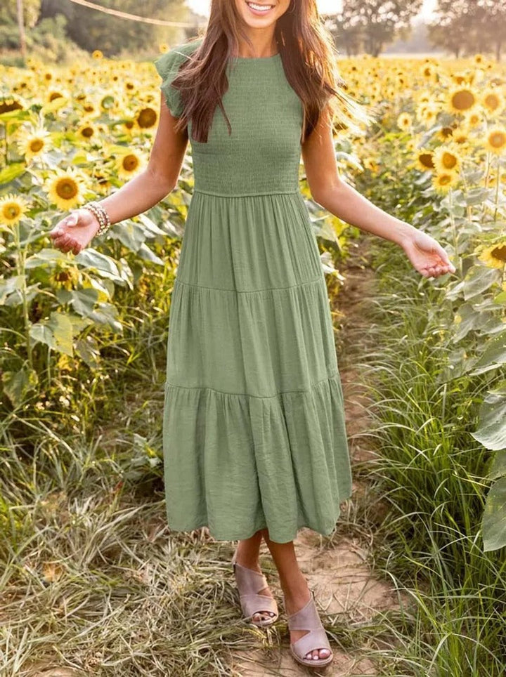 Women's Smocked Ruffle-Sleeve Tiered A-Line Fall Midi Dress