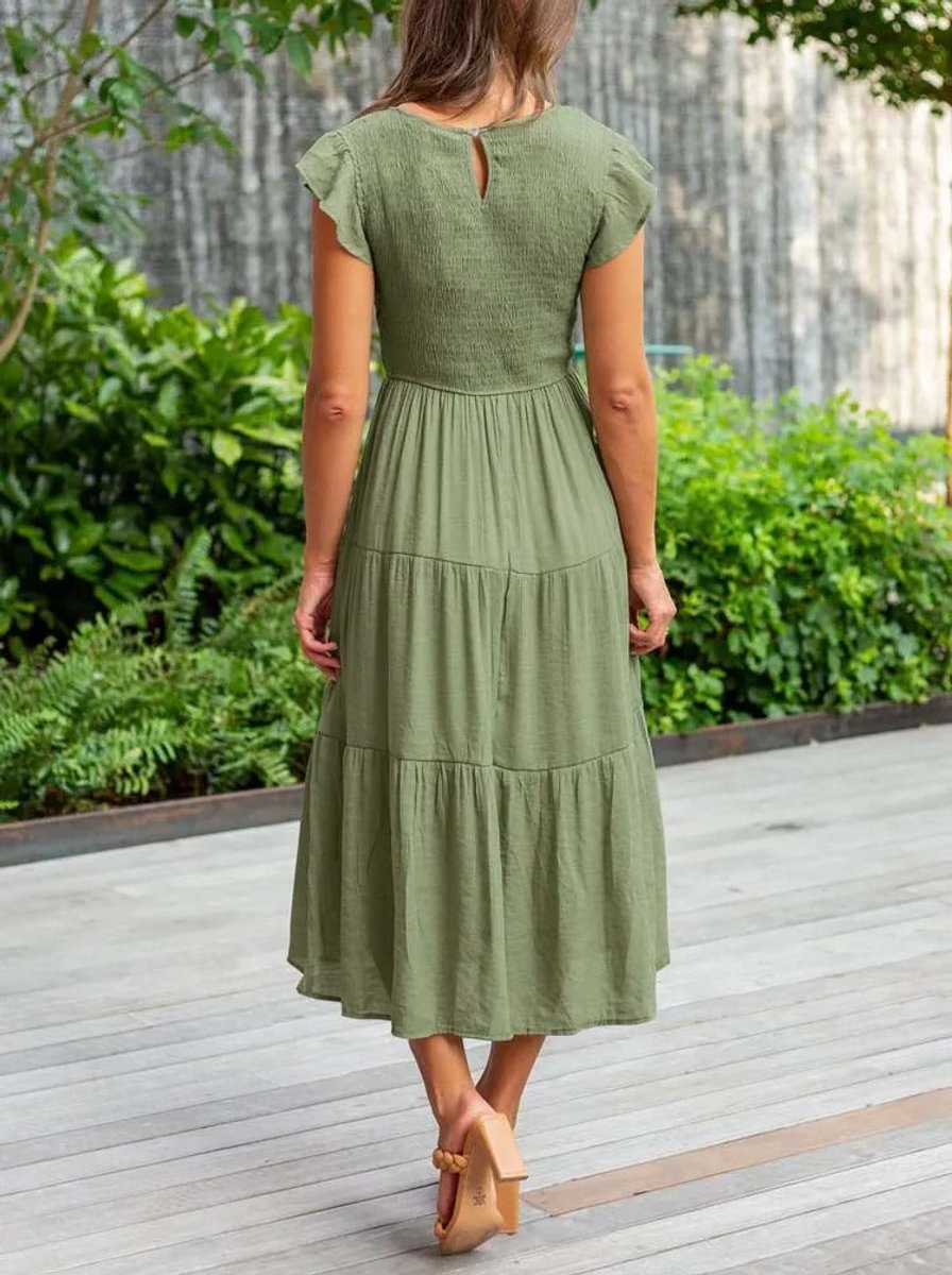 Women's Smocked Ruffle-Sleeve Tiered A-Line Fall Midi Dress