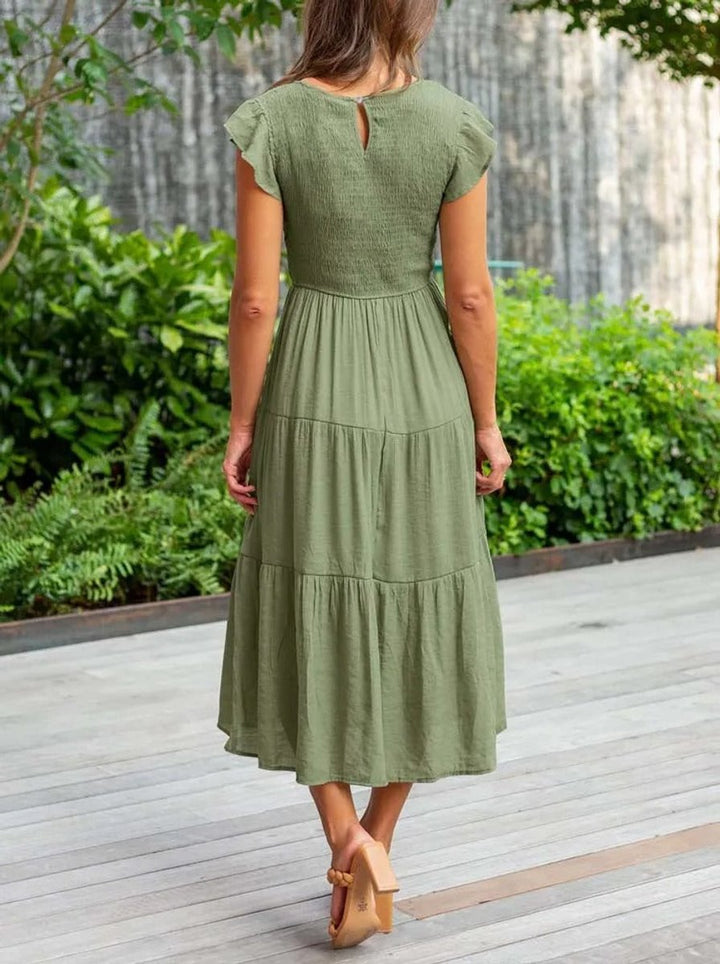 Women's Smocked Ruffle-Sleeve Tiered A-Line Fall Midi Dress