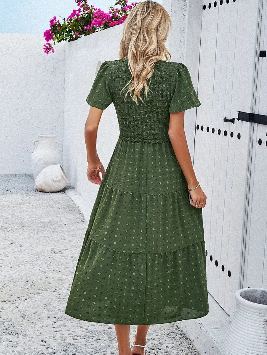 Women's Smocked Tiered Fall Midi Dress Puff Sleeve