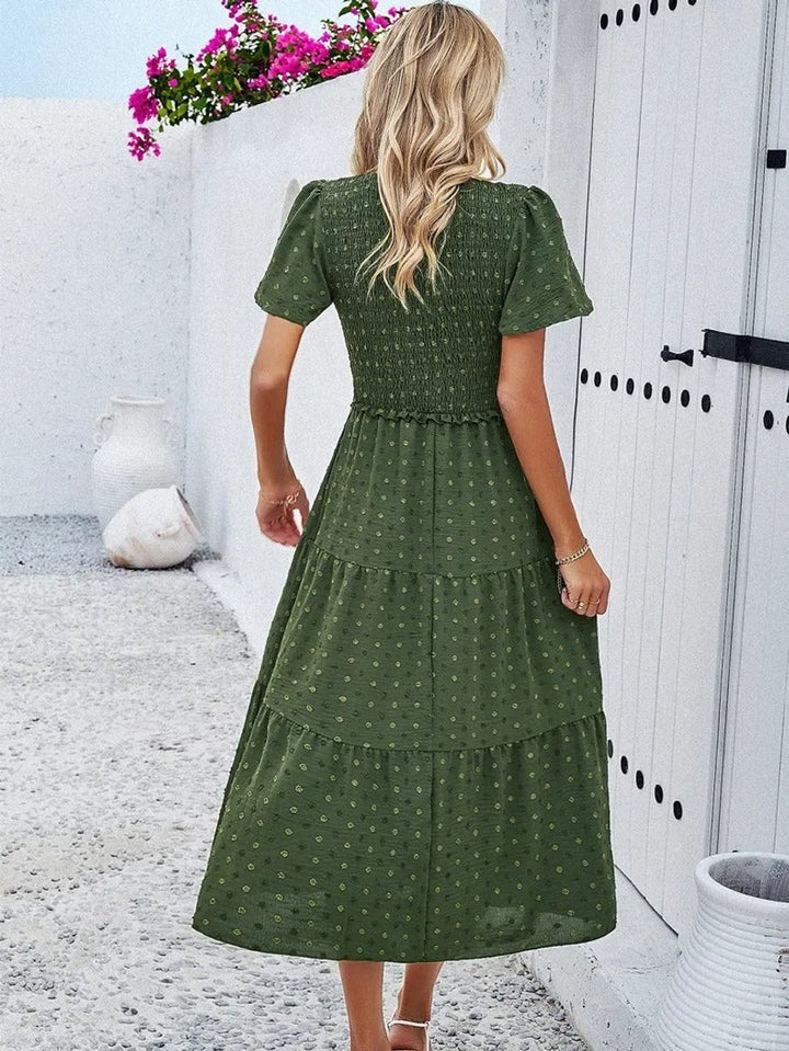 Women's Smocked Tiered Fall Midi Dress Puff Sleeve