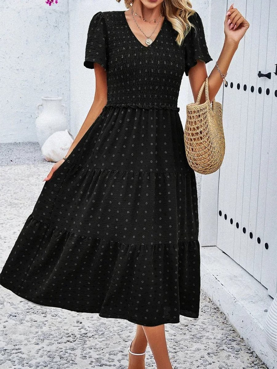 Women's Smocked Tiered Fall Midi Dress Puff Sleeve