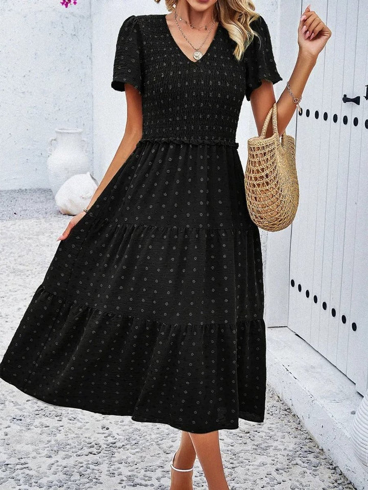 Women's Smocked Tiered Fall Midi Dress Puff Sleeve