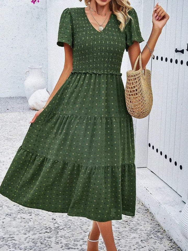 Women's Smocked Tiered Fall Midi Dress Puff Sleeve