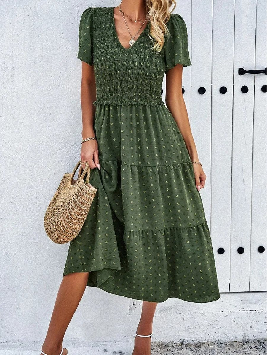 Women's Smocked Tiered Fall Midi Dress Puff Sleeve