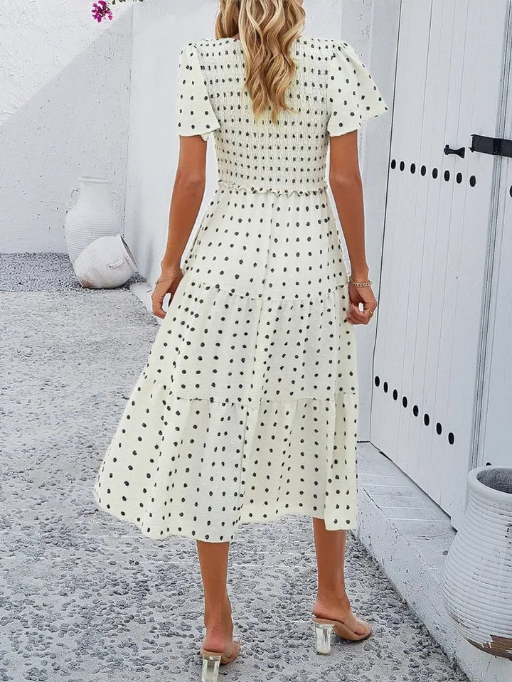 Women's Smocked Tiered Fall Midi Dress Puff Sleeve