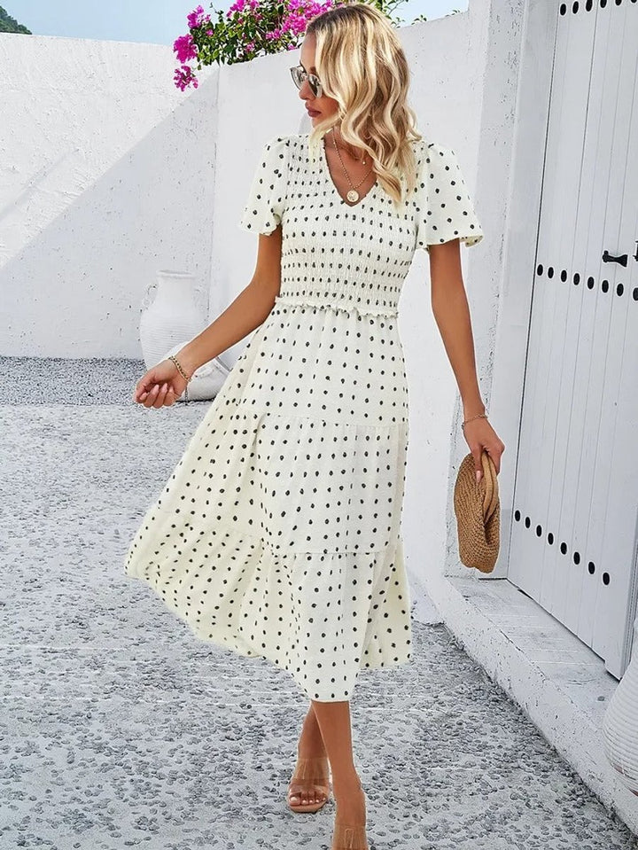 Women's Smocked Tiered Fall Midi Dress Puff Sleeve