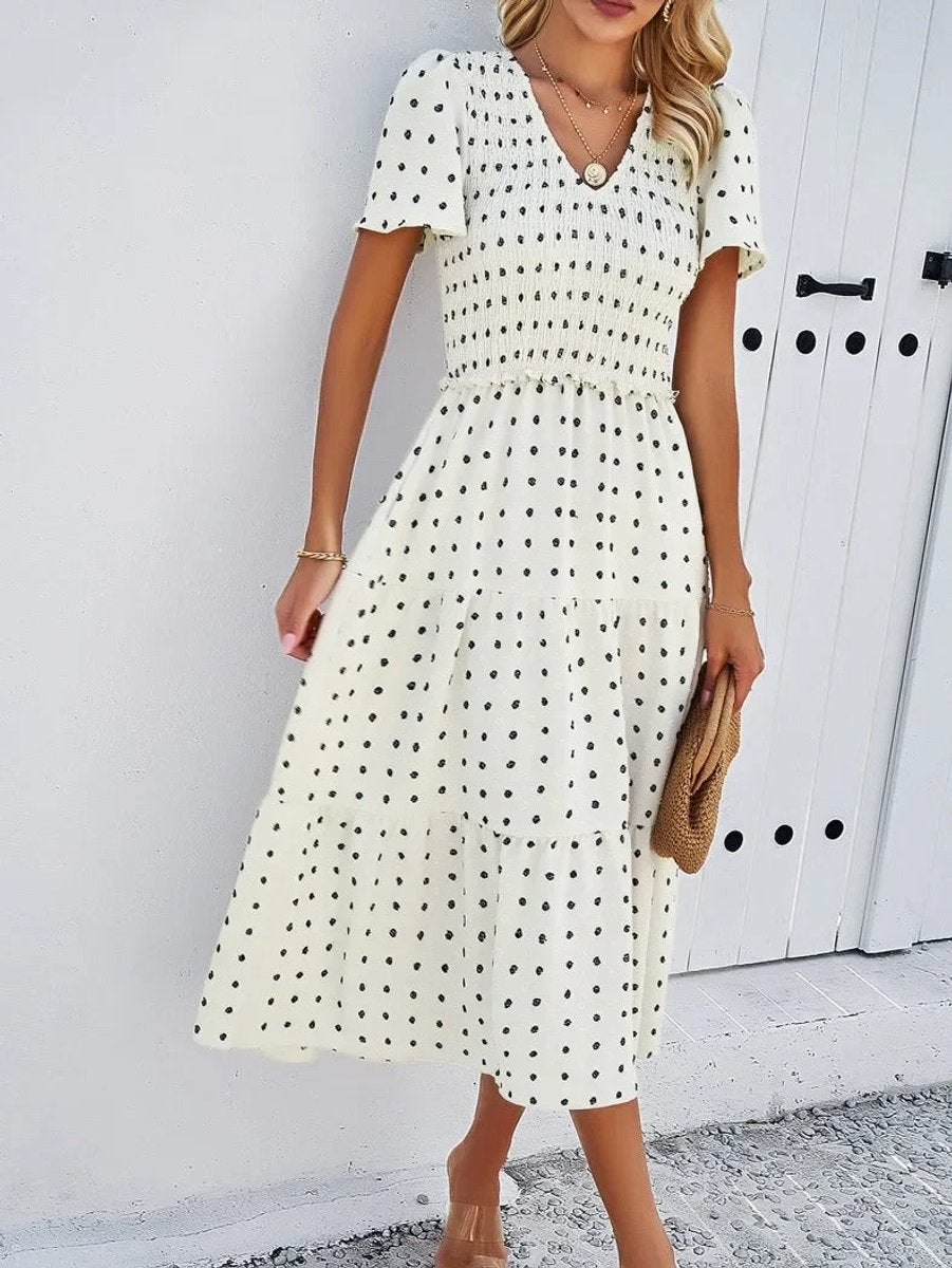 Women's Smocked Tiered Fall Midi Dress Puff Sleeve