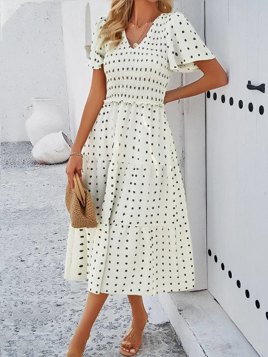 Women's Smocked Tiered Fall Midi Dress Puff Sleeve