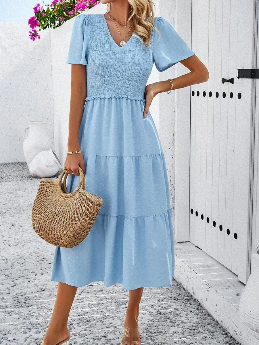 Women's Smocked Tiered Fall Midi Dress Puff Sleeve