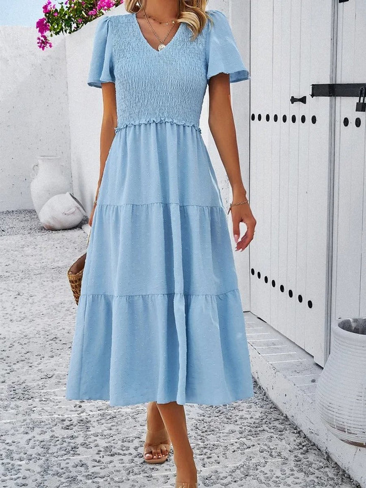Women's Smocked Tiered Fall Midi Dress Puff Sleeve