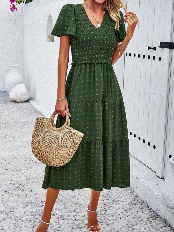 Women's Smocked Tiered Fall Midi Dress Puff Sleeve