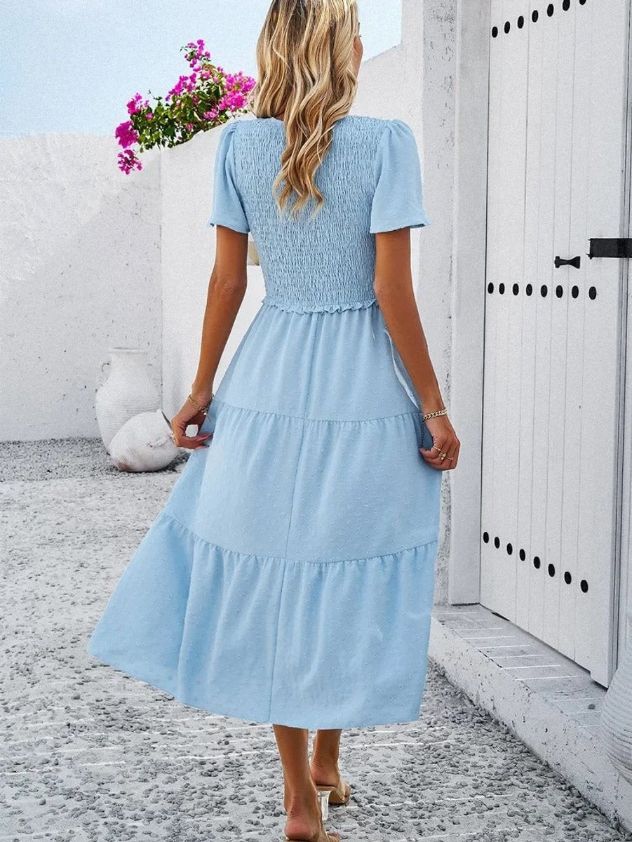 Women's Smocked Tiered Fall Midi Dress Puff Sleeve