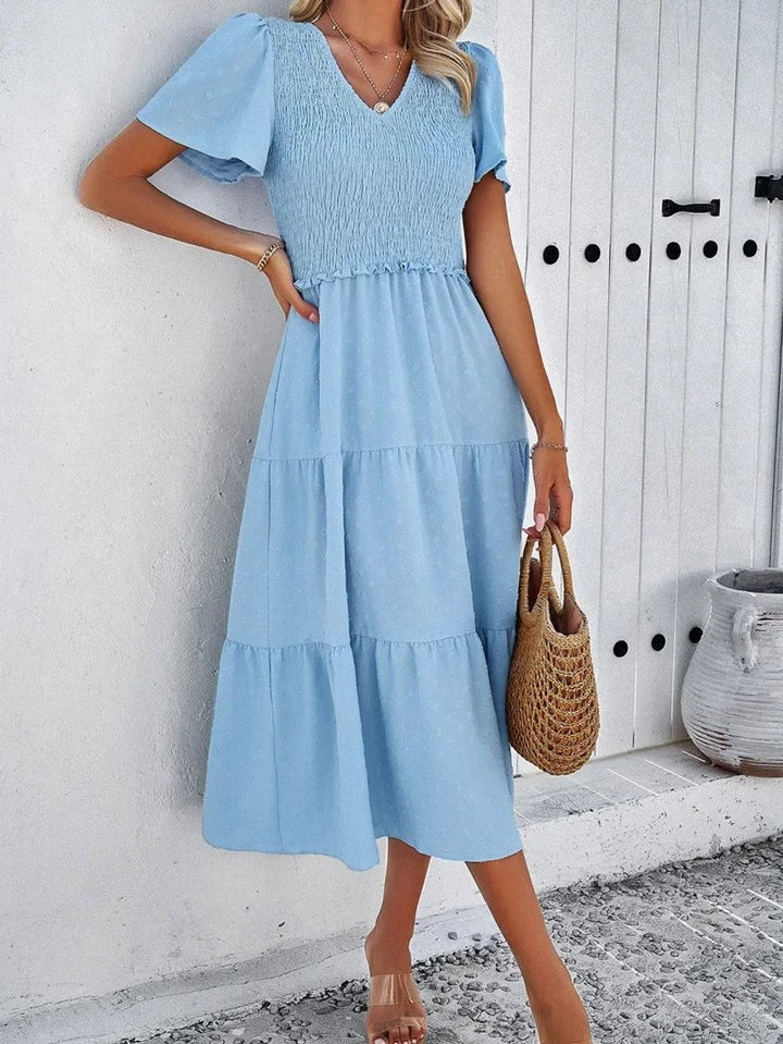 Women's Smocked Tiered Fall Midi Dress Puff Sleeve